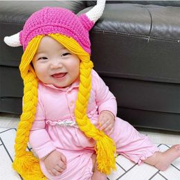 Arrivals Children Baby Girls Longhorn Hat Hair Pigtail Braid Wig Cap Winter Knitted Infant Kids Hats Caps Pography Props 210713