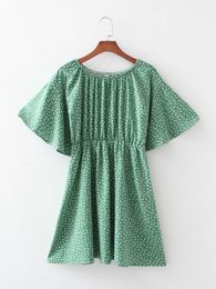 Hsa Summer Dress Oneck High Waist Pleated Vestidos Batwing Sleeve Green Beach Style Floral Pleated Dress Summer Boho 210716