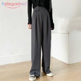 Aelegantmis High Waist Wide Leg Pants Women Loose Office Lady Suit Quality Casual Trousers OL Button Korean Fashion 210607