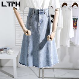Plus Size Clothes Korean High Waist Denim Skirts women Mid-length loose vintage Elegant Package Hip skirt Spring 210427