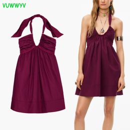 Purple Backless Mini Dresses for Women Summer Elegant Ruched Halter Party Dress Woman Adjustable V-Neck Slim Vestidos 210430