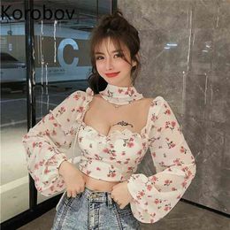 Korobov Summer New Arrival Women Chiffon Blouses Vintage Print Square Collar Long Sleeve Shirts Beach Style Crop Blusas 210430