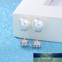 925 Sterling Silver Fashion Front Back Double Sides Crown Pearl Stud Earrings For Woman Lady Wedding Gift Dropshipping S-E70