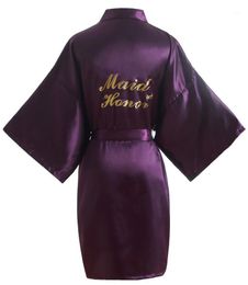 Women's Sleepwear Women Purple Maid Of Honour Robes Satin Kimono Wedding Party Getting Ready Robe With Gold Glitter