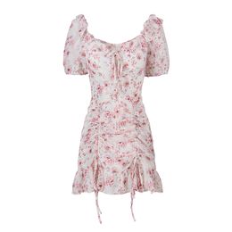 Women Pink Floral Print V-neck Ruffle Empire Ruched Drawstring Short Sleeve Mini Cherry Blossoms Dress Summer D2631 210514