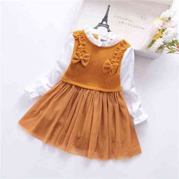 Girls Bowknot Long-sleeved Stitching Mesh Princess Dress Girls Autumn Clothes Baby Clothing Kids Clothes Korean Baby Clothes G1129