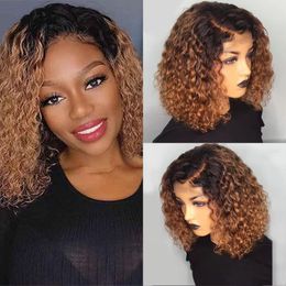1b/30 Lace Front Human Hair Wigs Short Curly Brazilian Ombre Water Wave Pre Plucked Closure Bob Wig for Women Remy