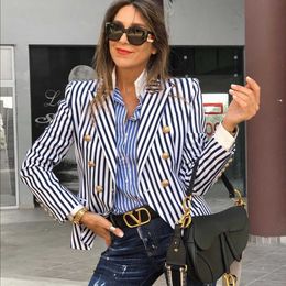 MOS Coat Female Long Sleeve Stripe Blazers Abrigos Jacket Autumn 2020 Clothes for Women Double Breasted Office Work Coats X0721
