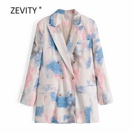 Zevity women vintage tie dying blazer female double breasted long sleeve pockets causal stylish outwear suit coat tops C534 210603
