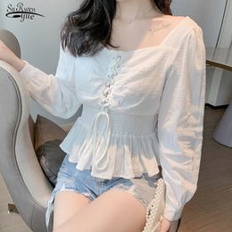 Autumn Korean Style All-match Square Collar Slim Short-Height Short Sleeve Bubble Chiffon Blouse Women's Shirts 10584 210521