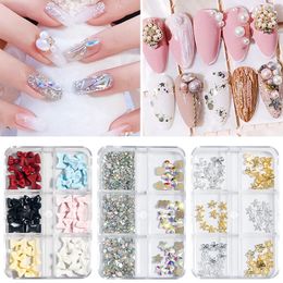 6 types Rivet Studs Nail Ornament Mixed Crystal Diamond Nails Rhinestones Multi-size Gems Metal Fingernail Bownot Zircon 3D Manicure Decoration 1 box