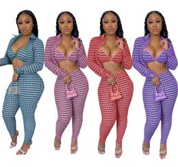 Plaid Sexy 3 Piece Set Women Halter Backless Bra Top + Turn Down Collar Long Sleeve Zippers Coat + Pencil Pants Festival Outfits Y0625