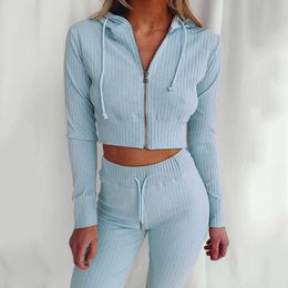 2021 SPring Women Pyjama Set Home Hooded Long-sleeved With Zipper Top & Pants Suit Outfits Ladies Slim Casual Suit Homewear Y0702