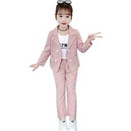 Girls Suit Set Plaid Jacket + Pants Clothing Spring Autumn Tracksuit Girl Casual Style Kids 6 8 10 12 14 210527