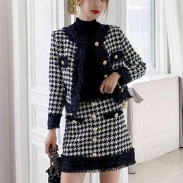 Autumn Winter Houndstooth 2 Piece Set Women Woolen Crop Top Tweed Plaid Short Jacket Coat + Button Skirt Two 210514