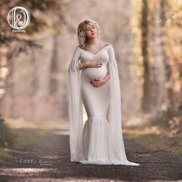 Long Full Sleeve Maternity Dress Photo Shoot Soft Cotton Maxi Maternity Gown Sexy Maternity Photography Props Baby Shower Gift Q0713