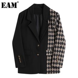 [EAM]Women Vintage Black Plaid Stitching Blazer Lapel Long Sleeve Loose Fit Jacket Fashion Spring Autumn 1DA745 211006