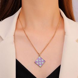 Pendant Necklaces Ins Checkerboard Clavicle Chain Necklace Multicolor Dripping Oil Sweet Square Drawing Board Colour Matching For Female