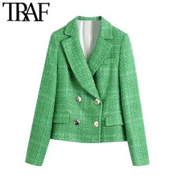 TRAF Women Fashion Double Breasted Tweed Blazer Coat Vintage Long Sleeve Female Outerwear Chic Veste Femme 210930