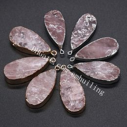 Gold/Silver Plated Genuine Natural Rose Quartz Water Drop Pendant Raw Rough Pink Rock Crystal Gemstone Teardrop Charm for Spiritual Energy Healing Stone Jewellery