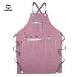 GOOPEEG summer canvas work apron denim Korean version hairdressing hairdresser floral barista custom waist 210625