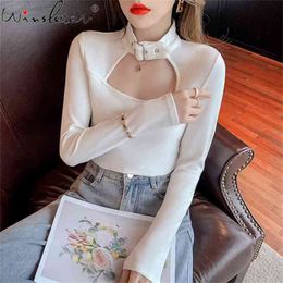 Spring Fall Korean Style T-Shirt Girl Fashion Turtleneck Slim Hollow Out Women Tops Halter Vintage Long Sleeve Tees T11704A 210421