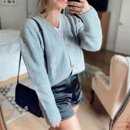 knitted blue cropped cardigan women casual oversized sweater cardigans autumn winter grey tops streetstyle 210427