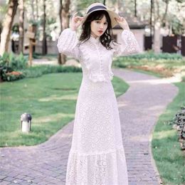 Spring white Hollow Out Dress Female Lantern Sleeve Stand Collar Lace Maxi Dresses Woman autumn vestidos 210603