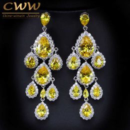 Gorgeous Bridal Long Chandelier Earrings Jewelry Water Drop Yellow Cubic Zirconia Crystal Wedding Earing CZ093 210714