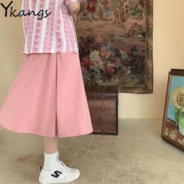 Cotton Solid Colour High Waist Cargo Long Skirts Women Pink Summer A-Line Midi Skirt Female Plus Size Korean Student Saia 210619