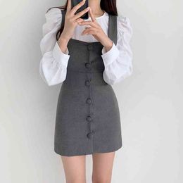 Fashion Slim All-match O-neck White Shirt Female Puff Sleeve Grey High Waist Vest Skirt Mini Temperament OL Set 210429