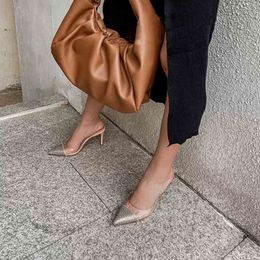 Elegant Women High Heels Sandals Pointed Toe Crystal Shoes Back Strap Transparent Slides Party Wedding Pumps Size 41 210513