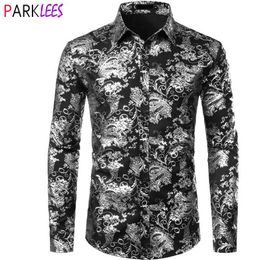 Silver Paisley Luxury Printed Floral Shirt Men Wedding Party Dinner African Dress Shirts Mens Wedding Dinner Party Chemise Homme 210522