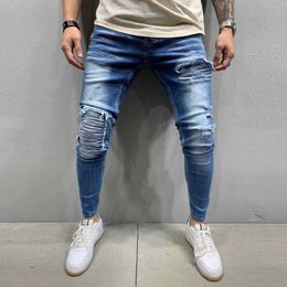 Men Stretchy Ripped Skinny Biker Blue Denim Jeans Destroyed Hole Taped Slim Fit Denim Scratched High Quality Jean#G30 X0621