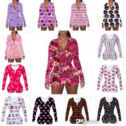 Valentines Day Women Onesies Jumpsuits Designer New Pyjamas Slim Sexy Bodysuit V-neck Letters Pattern Printed Long Sleeve Short Pants