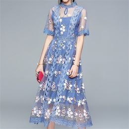 Summer Casual Embroidery Women O-neck Slim A-Line Maxi Dress Mesh Short Sleeve Evening Party Vestidos 210603