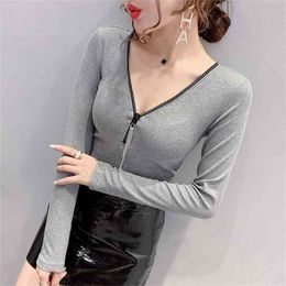 T shirt Women White Clothes Diamond Zipper Cotton Korean Female T-Shirt Grey Tops Black Long Sleeve Tee Shirt 210507