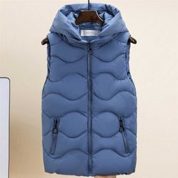 Women Autumn Winter Cotton Vest Casual Hooded Sleeveless Vest Jacket for Female Solid Slim Warm Zipper Waistcoat 211101