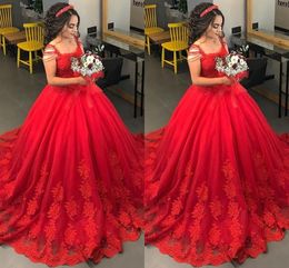 2022 Puffy Red Beading Wedding Dresses Bridal Gowns Lace Applique Beaded Short Sleeve Empire Waist Party Dress For Women Plus Size