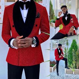 Abiti da uomo Blazer Glitter Rosso Paillettes Mens Smoking da sposa Blazer doppiopetto Abito da ballo formale da lavoro 2 pezzi Traje De Homb