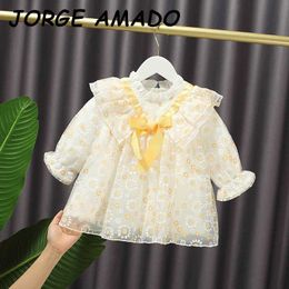 Korean Baby Clothes Autumn Girls Dress Daisy Flower Gauze Long Sleeve Princess for Kids Fall E20358 210610