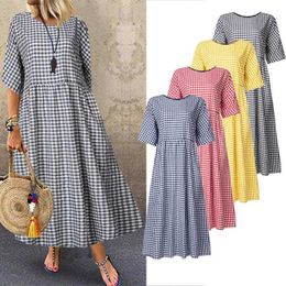 ZANZEA Women Plaid Cheque Summer Dr2021 Female Casual Cotton Linen Maxi Vestidos Plus Size Ladies Bohemian Beach Sundr5XL X0529