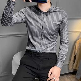 Autumn Winter Men Shirts Long Sleeve Striped Shirts Embroidery Business Casual Dress Shirt Slim Social Party Tops Chemise Homme 210527