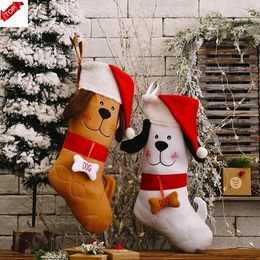 Christmas Stocking Embroidered Dog with Santa Hat Pattern Xmas Tree Hanging Pendant Ornament Gift Bag CO25wd