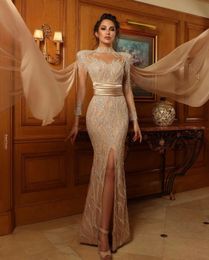 Sexy Front Mermaid Split Prom Dresses High Neck Long Sleeve Beading Crystal Evening Dress Floor Length Formal Gowns Party Wear 0425