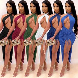Sexy Open Back Maxi Dresses High Slit Draped Long Dress Women Backless Halter Cut Out Party Dresses Women's Summer Clothing 2021 X0521