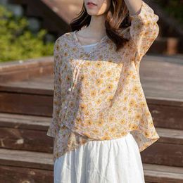 Johnature Women Chinese Style Shirts And Tops Ramie Loose V-Neck Seven Sleeve Blouses Summer Button Yellow Shirts 210521
