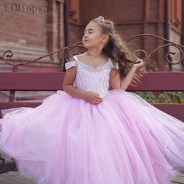 Deisgner Pink Ball Gown Flower Girl Dresses Spaghetti Straps Floor Length Beads Big Bow Knot Children Birthday Party Gowns Kids Girls Pageant Dress