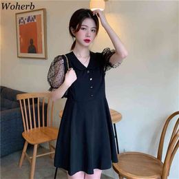 Korean Vintage Women Midi Dress Summer Polka Dot Mesh Puff Sleeve V-neck Fashion Ladies Black Dresses Vestidos Femme 210519