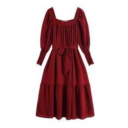 Frau elegantes rotes Slash Neck Langarm knielanges Kleid Frühling Puff Schärpe D1716 210514